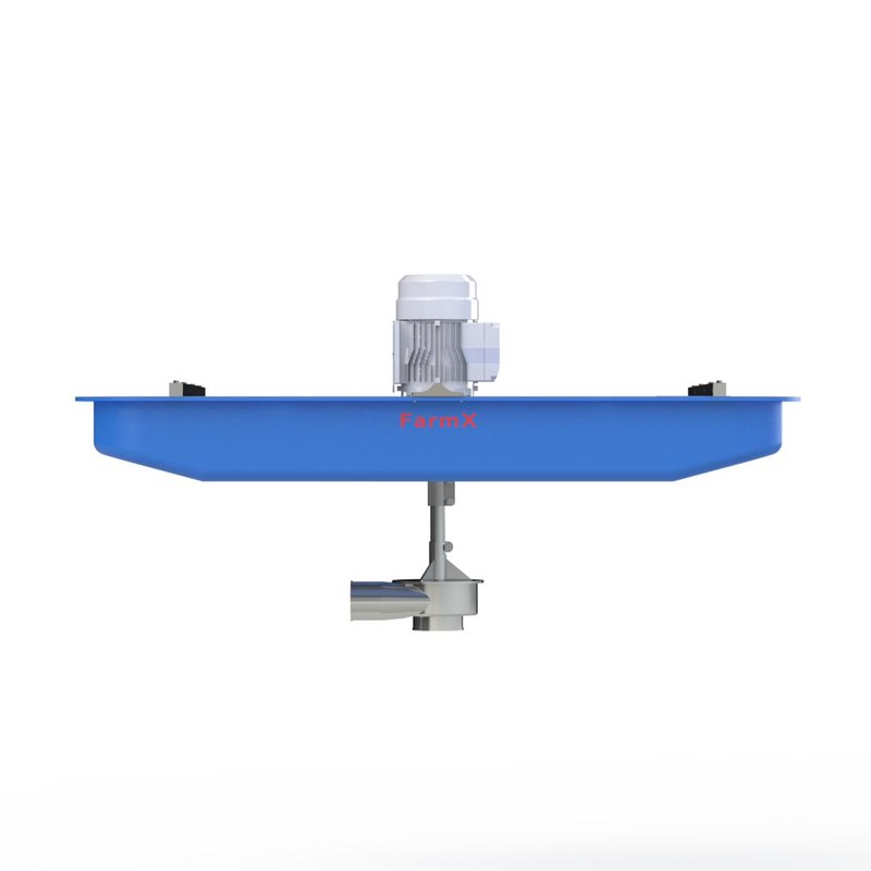 Trọn bộ bơm bùn FarmX tuhit 100 gắn trên phao nhựa xanh, mô tơ đặt trên mặt phao, trục và bầu bơm thả xuống dưới nước, xưởng FarmX Đầm Dơi Cà Mau