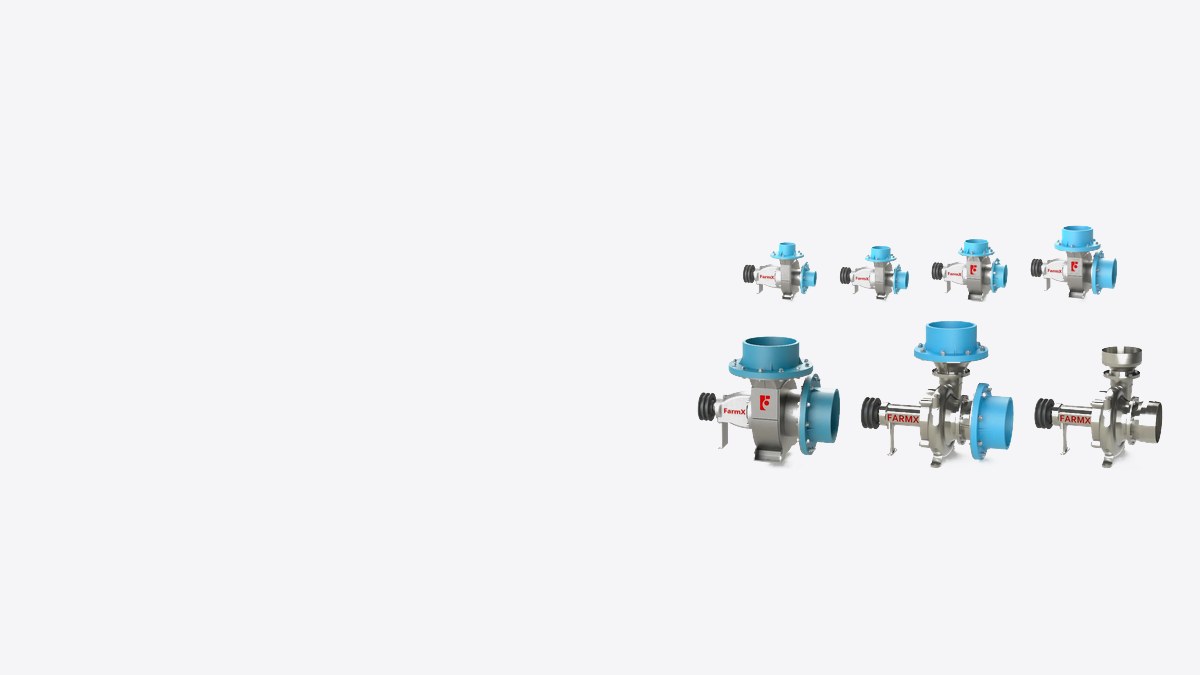 Bảy đầu bơm nước FarmX màu xanh dương xếp hai hàng theo cỡ tăng dần, có tem FarmX đỏ, xưởng FarmX Đầm Dơi Cà Mau