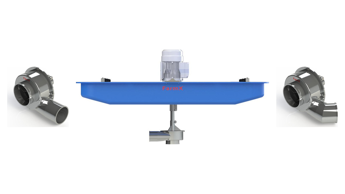 Máy bơm bùn đặt dưới nước FarmX ba bản: bầu bơm ra thẳng bên trái, bản trọn bộ mô tơ trên phao xanh ở giữa, bầu bơm ra co bên phải, xưởng FarmX Đầm Dơi Cà Mau