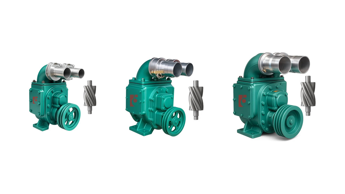 Ba cỡ máy bơm bùn đặt trên bờ FarmX H50, H75 và H100 tăng dần cỡ, xưởng FarmX Đầm Dơi Cà Mau
