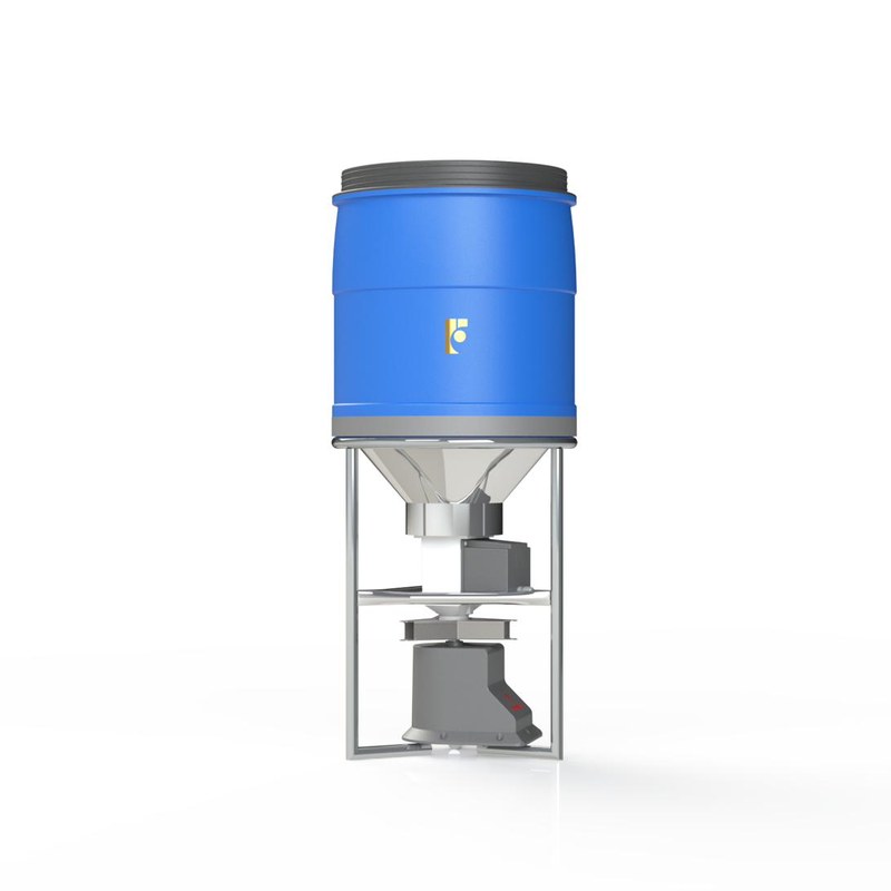 Máy cho tôm ăn FarmX A30 phễu inox sáng nhìn thẳng, khung inox, đĩa rải và mô tơ dưới đáy phễu