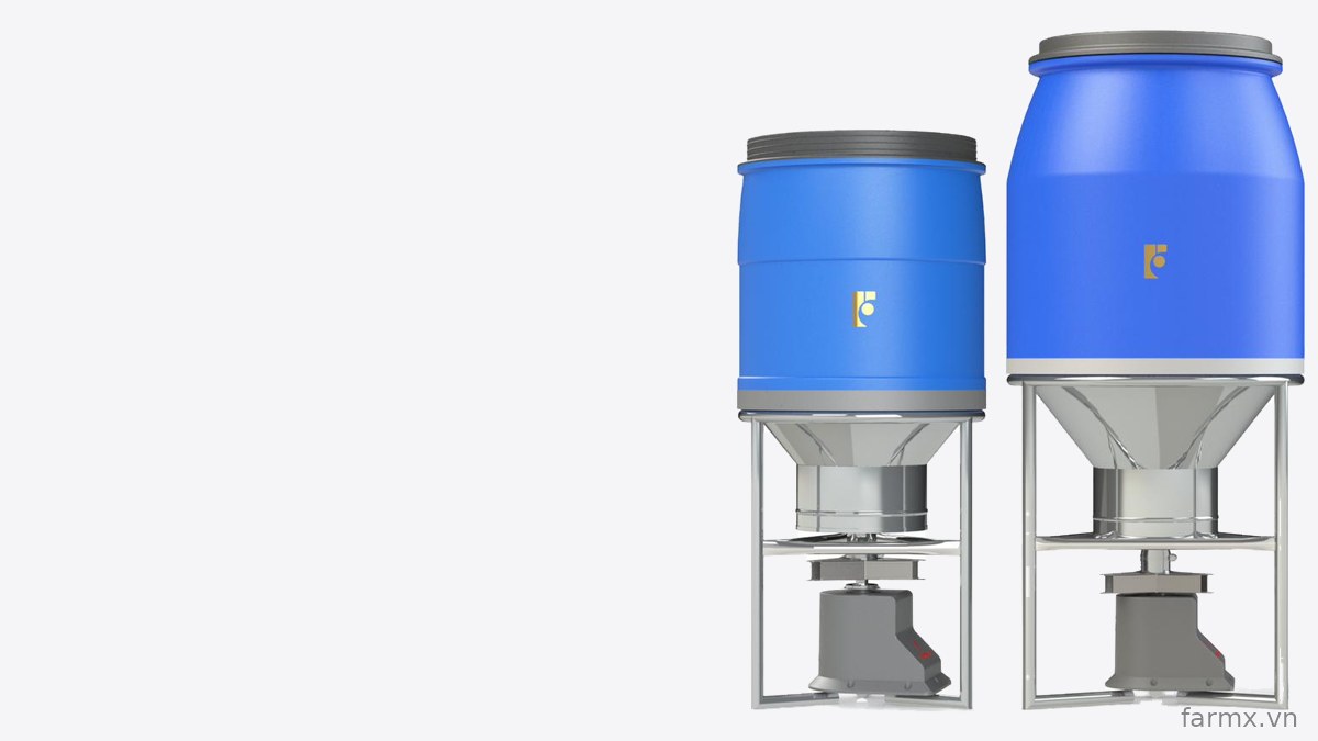 Máy cho tôm ăn FarmX dòng T phễu nhựa vàng, khung inox, đĩa rải tròn và núm vặn chỉnh lượng cám