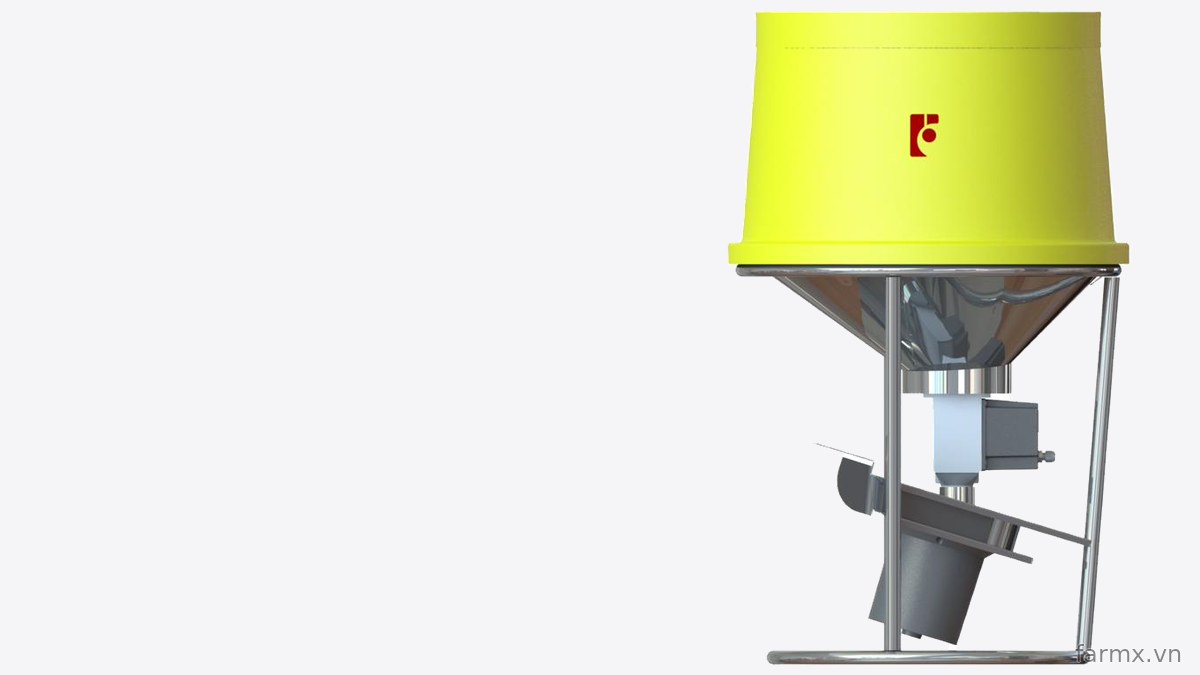 Máy cho tôm ăn FarmX XP50 phễu vàng nhìn ngang, thấy khung inox chân đế và mô tơ nghiêng gắn dưới đáy phễu