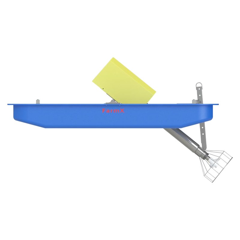 Máy sục khí FarmX OxyJet trên nhìn ngang, phao xanh dài, hộp mô tơ vàng đặt trên phao, chân vịt nghiêng dưới nước