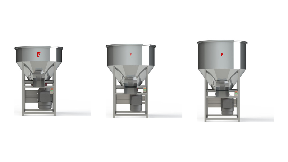 Ba cỡ máy trộn thức ăn FarmX thùng inox 304: MT50, MT75 ở giữa và MT100