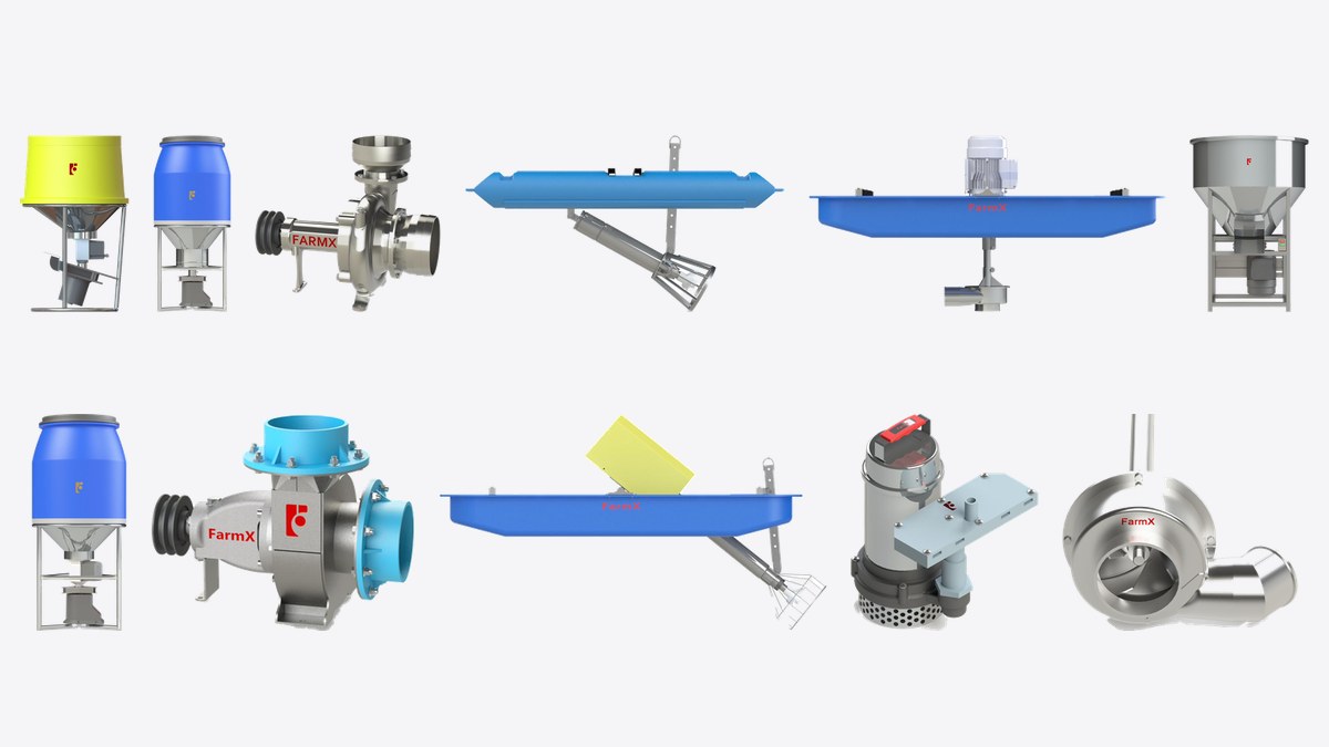 Mười một máy nuôi tôm FarmX xếp so le hai hàng: máy cho tôm ăn phễu nhựa và inox, đầu bơm nước dòng C và F1, máy sục khí OxyJet trên và dưới, bơm chìm, máy bơm bùn và máy trộn thức ăn